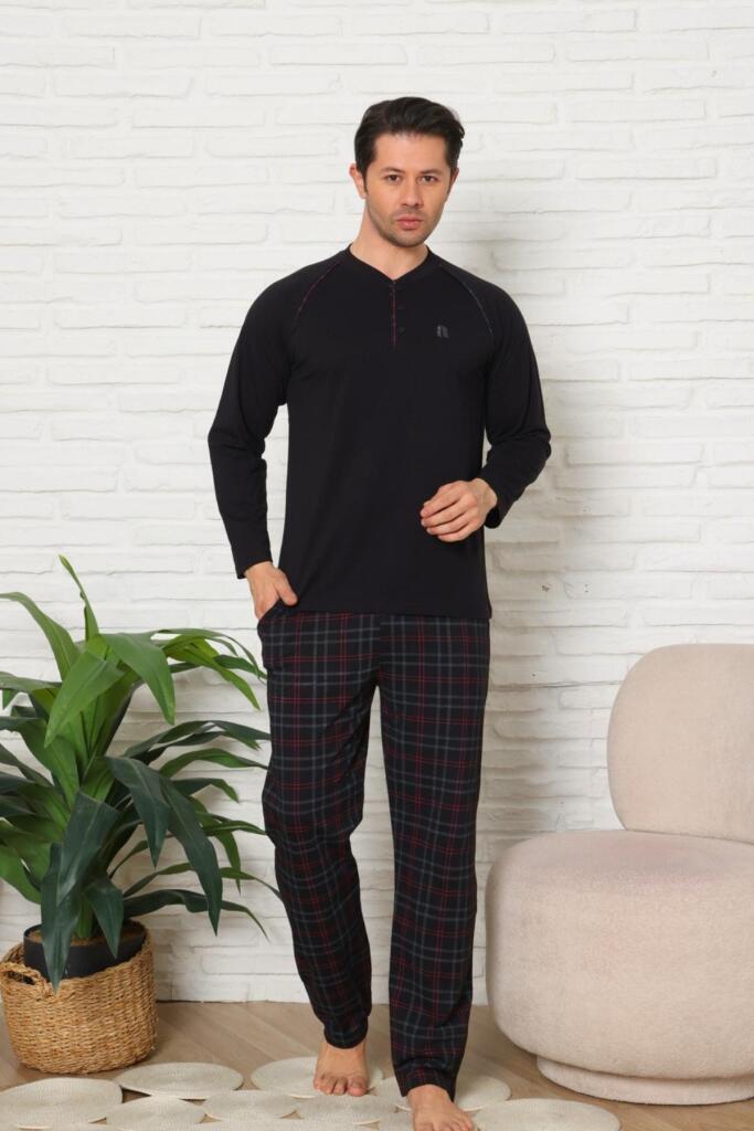 Erkek Pijama Takımı - Siyah Ekoseli Uzun Kollu Penye 1224UY - 4