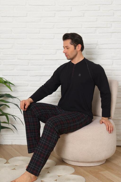 Erkek Pijama Takımı - Siyah Ekoseli Uzun Kollu Penye 1224UY - 2