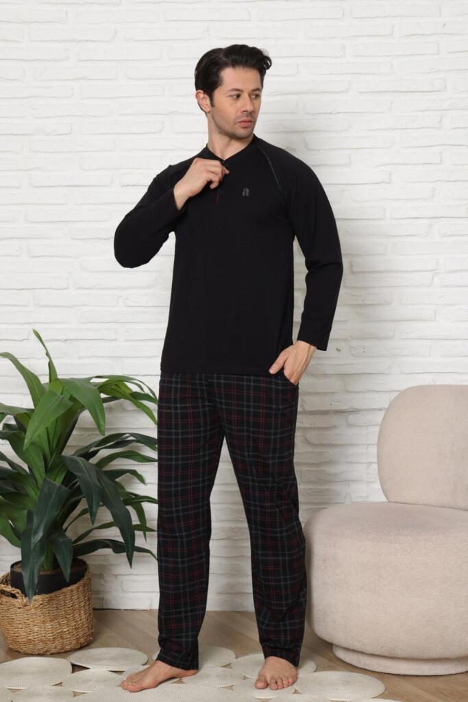 Erkek Pijama Takımı - Siyah Ekoseli Uzun Kollu Penye 1224UY - 3