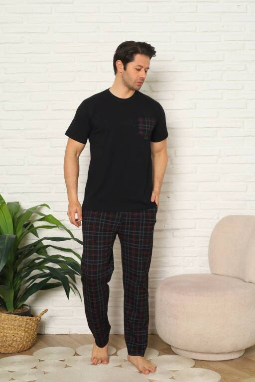 Erkek Pijama Takımı - Siyah Kareli Kısa Kollu Penye 1223KY - 2