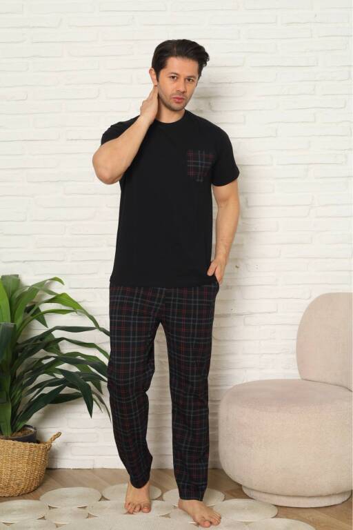 Erkek Pijama Takımı - Siyah Kareli Kısa Kollu Penye 1223KY - 3