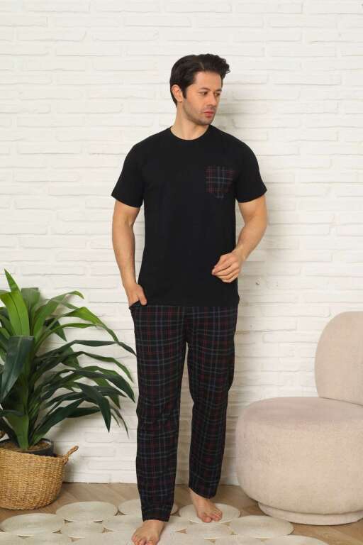 Erkek Pijama Takımı - Siyah Kareli Kısa Kollu Penye 1223KY - 1