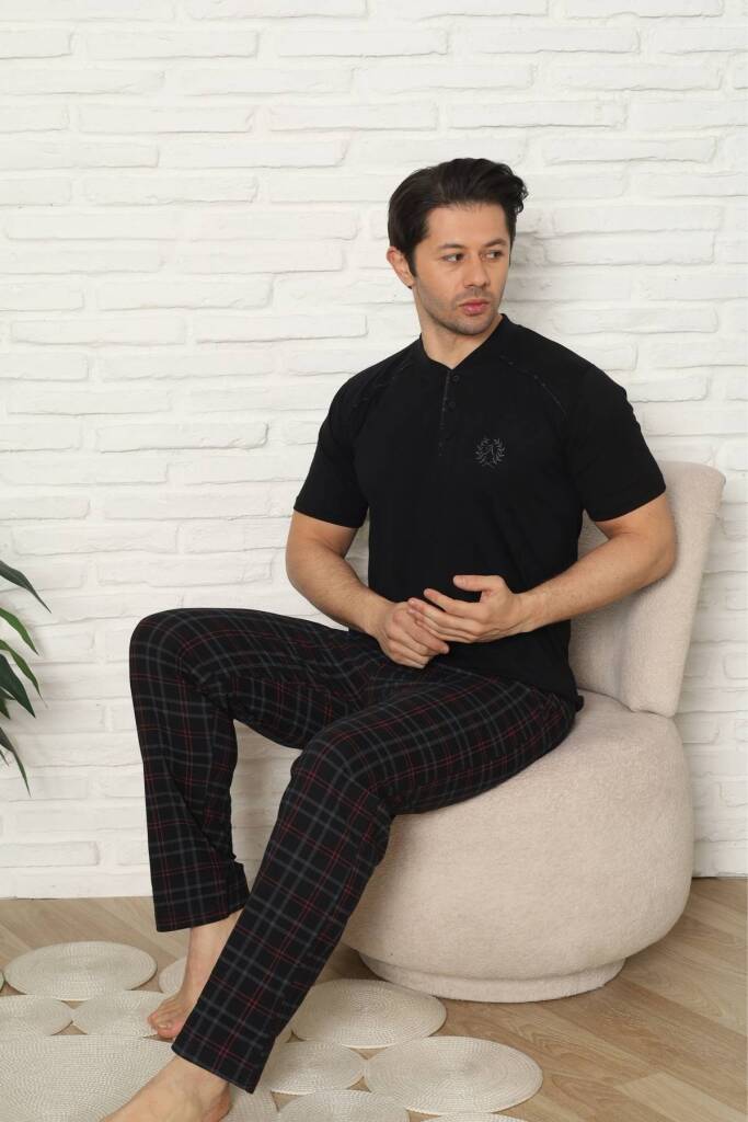 Erkek Pijama Takımı - Siyah Kareli Kısa Kollu Penye 1227KY - 2