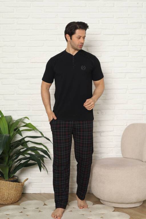 Erkek Pijama Takımı - Siyah Kareli Kısa Kollu Penye 1227KY - 1