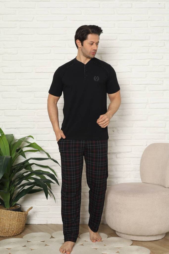 Erkek Pijama Takımı - Siyah Kareli Kısa Kollu Penye 1227KY - 1
