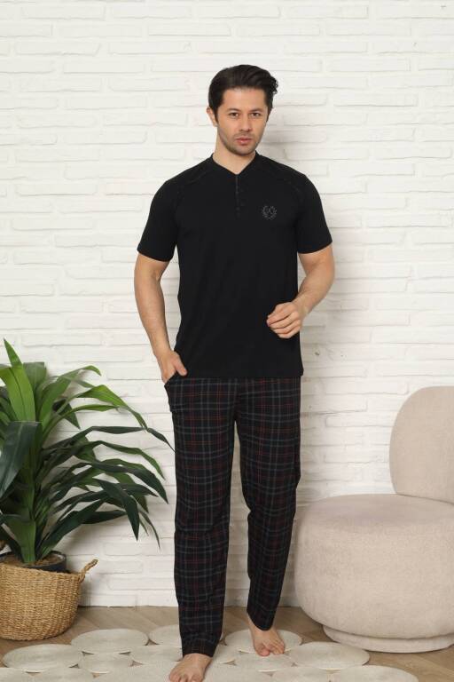 Erkek Pijama Takımı - Siyah Kareli Kısa Kollu Penye 1227KY - 4