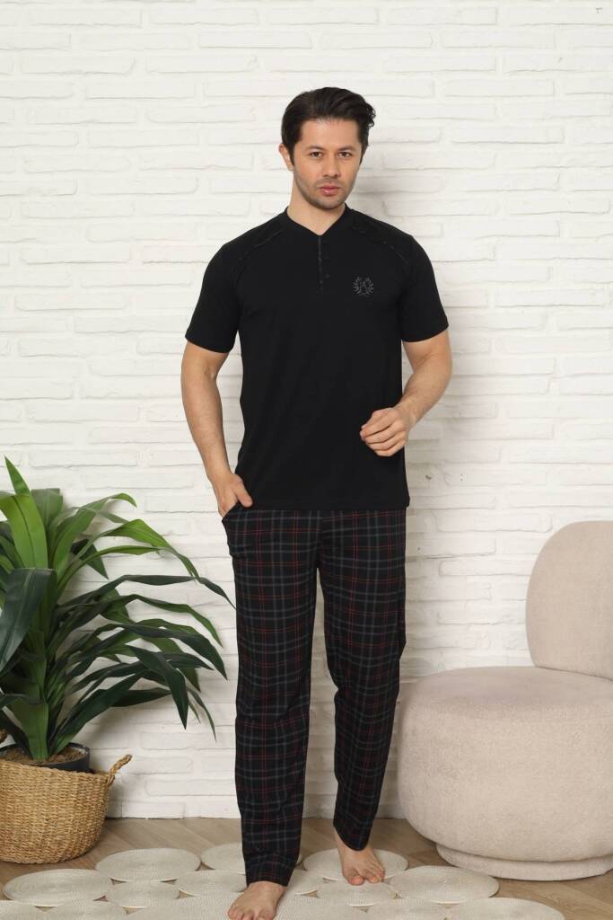 Erkek Pijama Takımı - Siyah Kareli Kısa Kollu Penye 1227KY - 4
