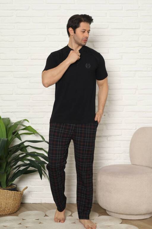 Erkek Pijama Takımı - Siyah Kareli Kısa Kollu Penye 1227KY - 3