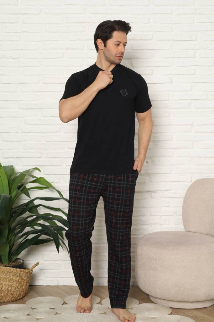Erkek Pijama Takımı - Siyah Kareli Kısa Kollu Penye 1227KY - 3