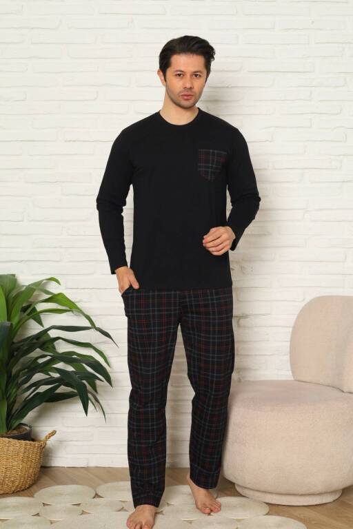Erkek Pijama Takımı - Siyah Kareli Uzun Kollu Penye 1223UY - 1