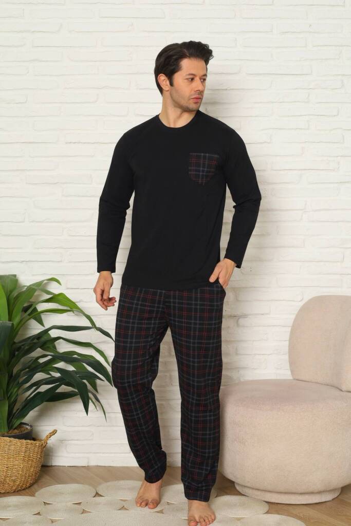 Erkek Pijama Takımı - Siyah Kareli Uzun Kollu Penye 1223UY - 3