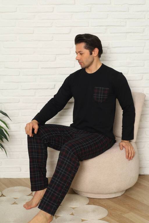 Erkek Pijama Takımı - Siyah Kareli Uzun Kollu Penye 1223UY - 2