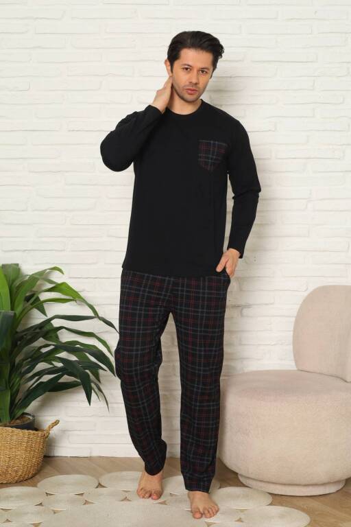 Erkek Pijama Takımı - Siyah Kareli Uzun Kollu Penye 1223UY - 4