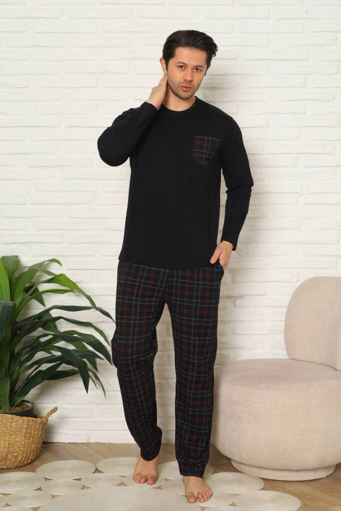 Erkek Pijama Takımı - Siyah Kareli Uzun Kollu Penye 1223UY - 4