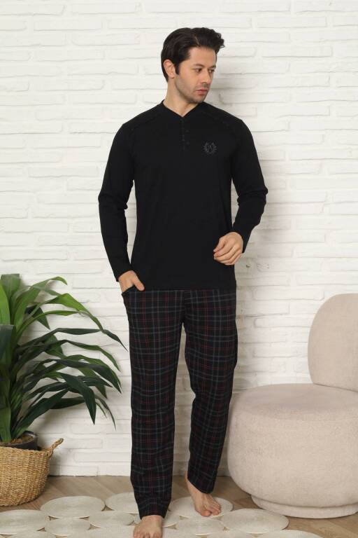 Erkek Pijama Takımı - Siyah Kareli Uzun Kollu Penye 1227UY - 1