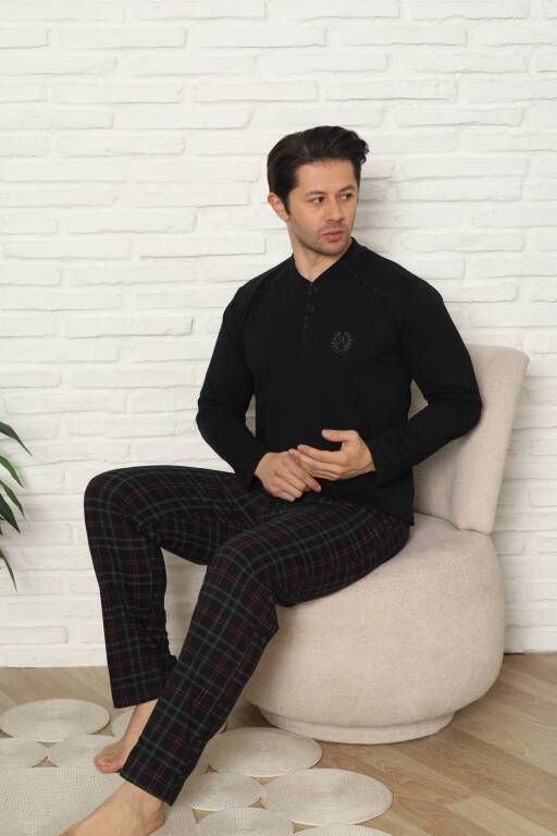 Erkek Pijama Takımı - Siyah Kareli Uzun Kollu Penye 1227UY - 2