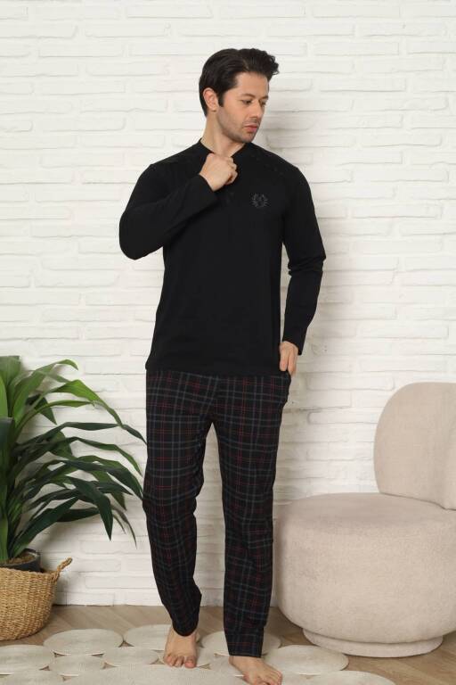 Erkek Pijama Takımı - Siyah Kareli Uzun Kollu Penye 1227UY - 3
