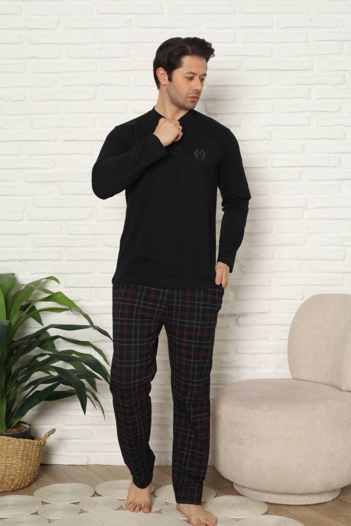 Erkek Pijama Takımı - Siyah Kareli Uzun Kollu Penye 1227UY - 3