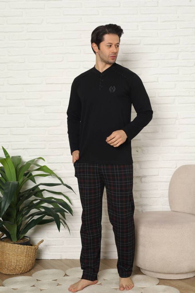 Erkek Pijama Takımı - Siyah Kareli Uzun Kollu Penye 1227UY - 4