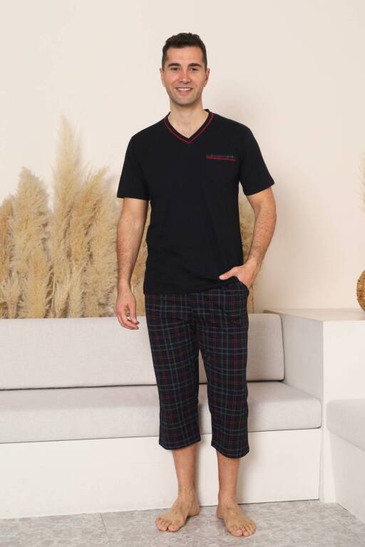 Erkek Pijama Takımı - Siyah Kareli V Yaka Bermuda Penye 1225B - Alimer