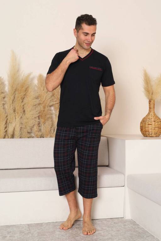 Erkek Pijama Takımı - Siyah Kareli V Yaka Bermuda Penye 1225B - Alimer (1)