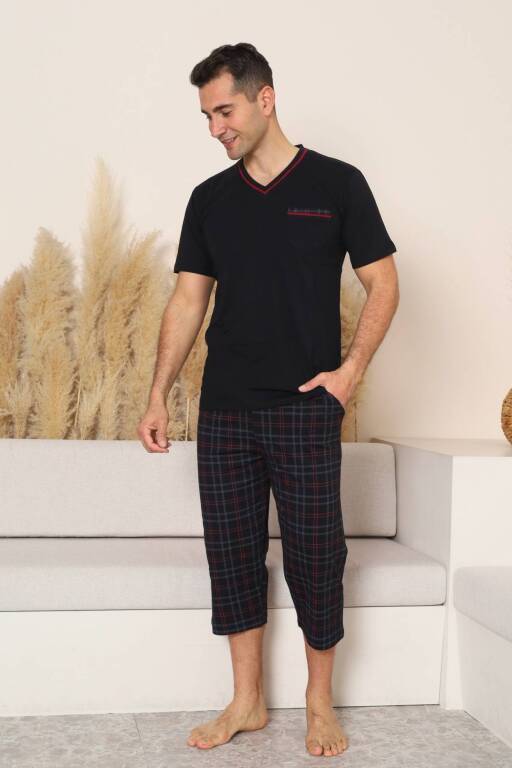 Erkek Pijama Takımı - Siyah Kareli V Yaka Bermuda Penye 1225B - 3