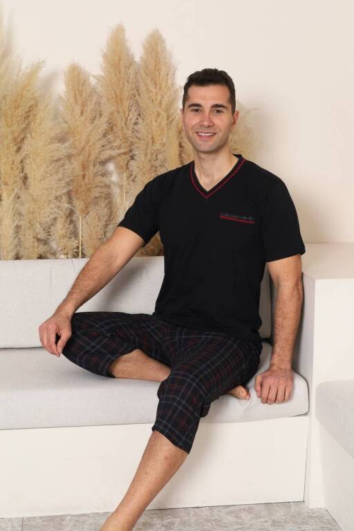 Erkek Pijama Takımı - Siyah Kareli V Yaka Bermuda Penye 1225B - 4