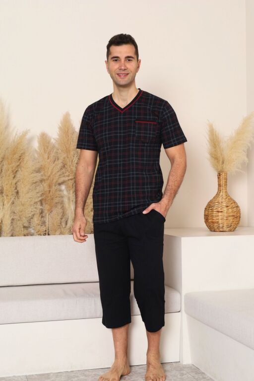 Erkek Pijama Takımı - Siyah Kareli V Yaka Bermuda Penye 1226B - 3