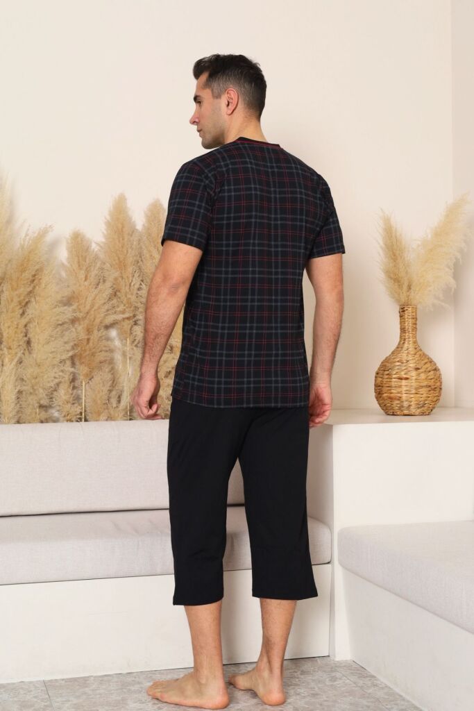 Erkek Pijama Takımı - Siyah Kareli V Yaka Bermuda Penye 1226B - 4