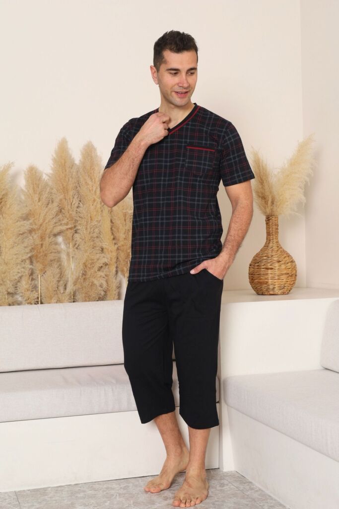 Erkek Pijama Takımı - Siyah Kareli V Yaka Bermuda Penye 1226B - 1