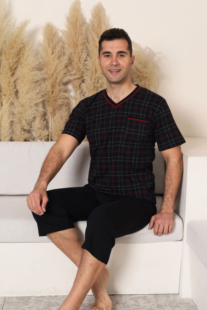 Erkek Pijama Takımı - Siyah Kareli V Yaka Bermuda Penye 1226B - 2