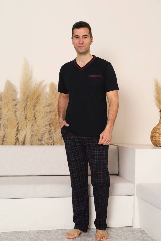 Erkek Pijama Takımı - Siyah Kareli V Yaka Kısa Kollu Penye 1225KY - 1