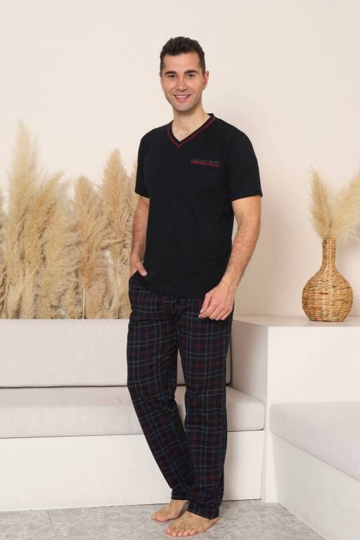 Erkek Pijama Takımı - Siyah Kareli V Yaka Kısa Kollu Penye 1225KY - Alimer (1)