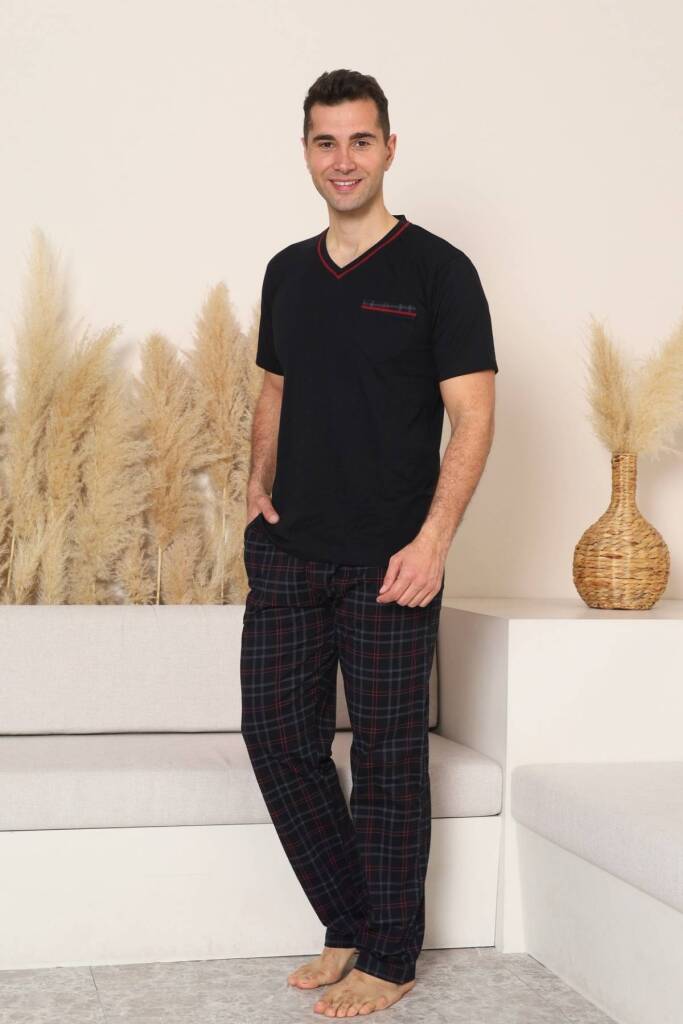 Erkek Pijama Takımı - Siyah Kareli V Yaka Kısa Kollu Penye 1225KY - 2