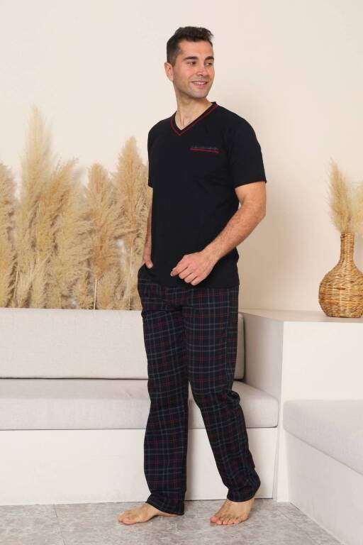 Erkek Pijama Takımı - Siyah Kareli V Yaka Kısa Kollu Penye 1225KY - 3