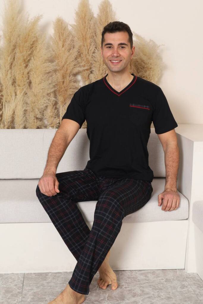 Erkek Pijama Takımı - Siyah Kareli V Yaka Kısa Kollu Penye 1225KY - 4