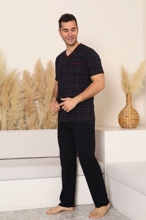 Erkek Pijama Takımı - Siyah Kareli V Yaka Kısa Kollu Penye 1226KY - 3