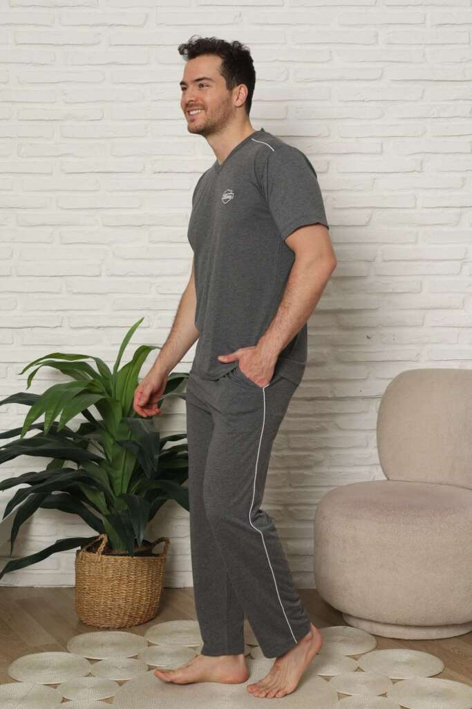 Erkek Pijama Takımı - Antrasit Arma Nakışlı Biyeli Kısa Kollu Penye 1216KY - 1