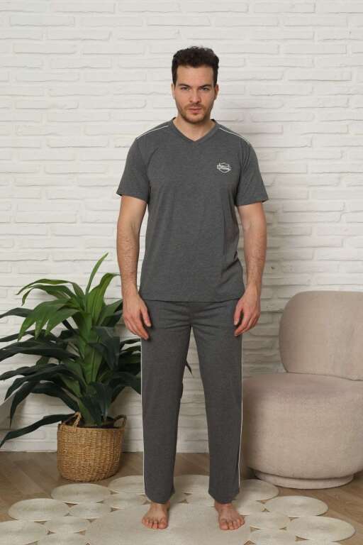 Erkek Pijama Takımı - Antrasit Arma Nakışlı Biyeli Kısa Kollu Penye 1216KY - 3