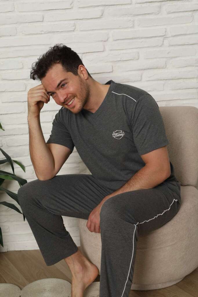 Erkek Pijama Takımı - Antrasit Arma Nakışlı Biyeli Kısa Kollu Penye 1216KY - 2