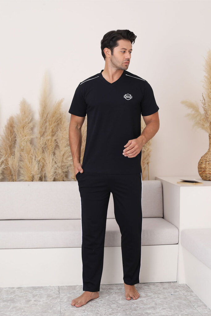 Erkek Pijama Takımı - Siyah Arma Nakışlı Biyeli Kısa Kollu Penye 1216KY - 4