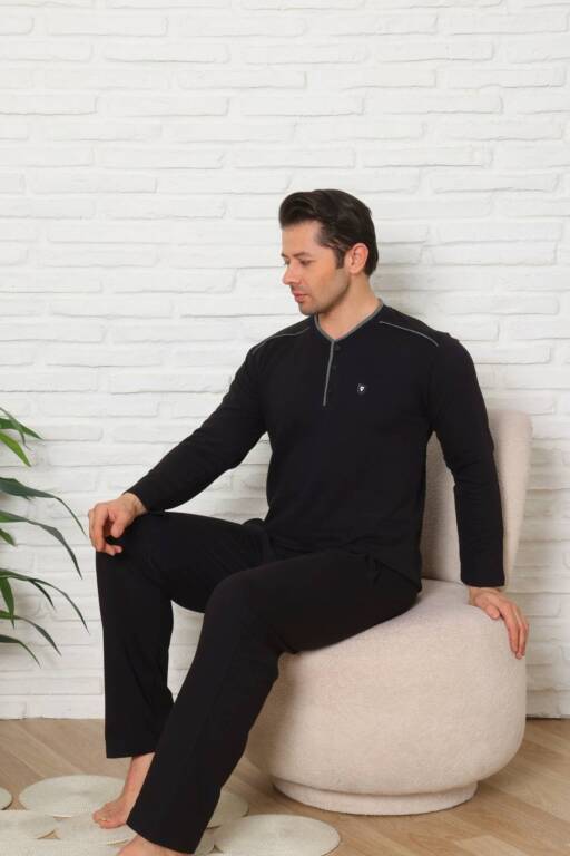 Erkek Pijama Takımı - Siyah Uzun Kol İki İp Penye 1228UK - 3