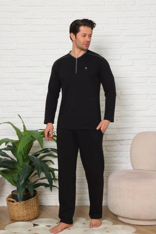 Erkek Pijama Takımı - Siyah Uzun Kol İki İp Penye 1228UK - 1