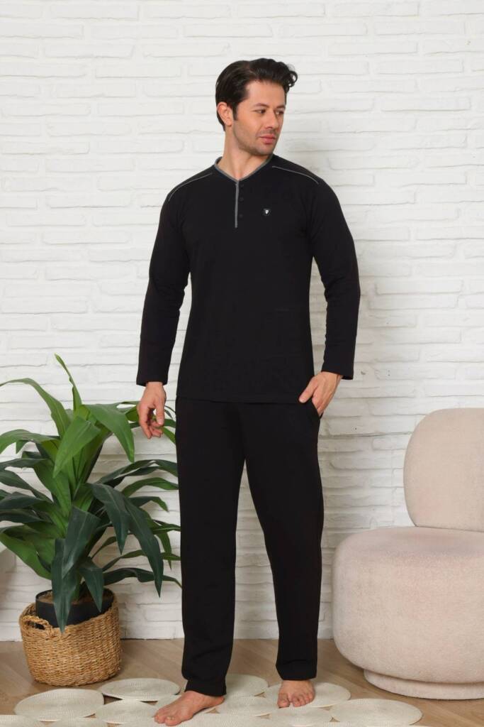 Erkek Pijama Takımı - Siyah Uzun Kol İki İp Penye 1228UK - 1