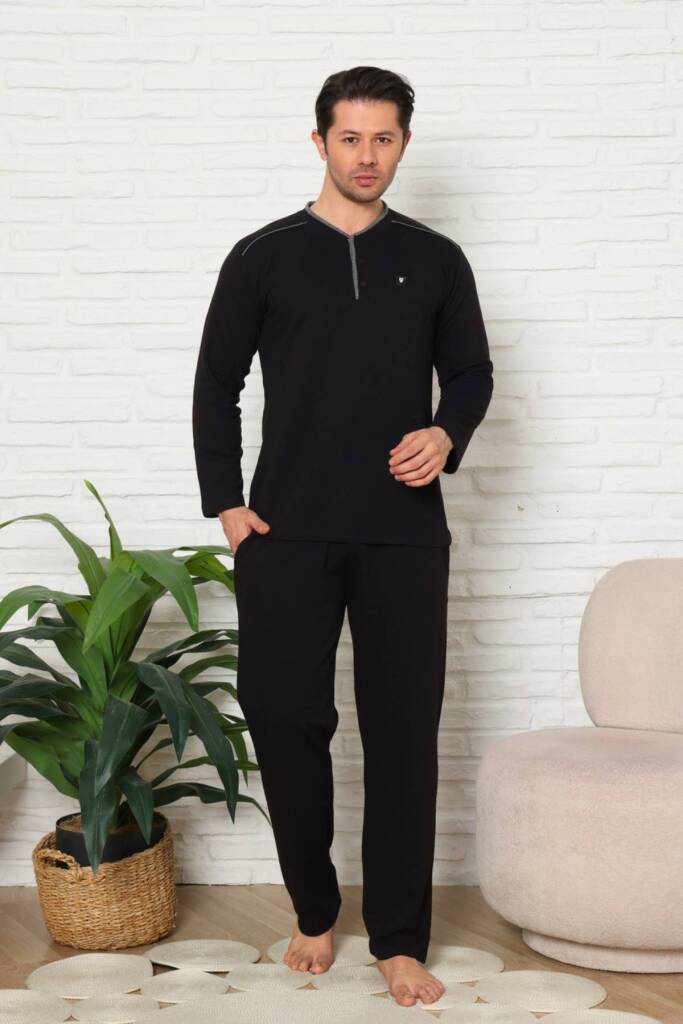 Erkek Pijama Takımı - Siyah Uzun Kol İki İp Penye 1228UK - 2