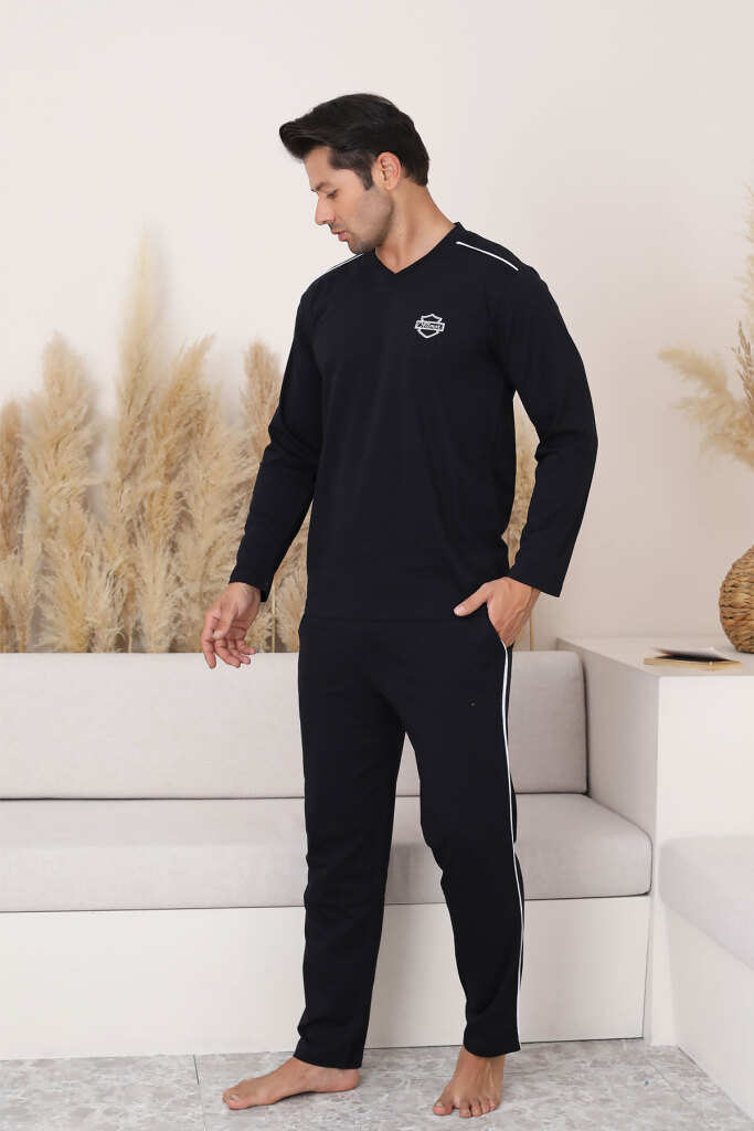 Erkek Pijama Takımı - Siyah Arma Nakışlı Biyeli Uzun Kollu Penye 1216UY - 1
