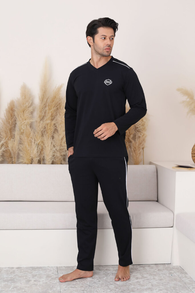 Erkek Pijama Takımı - Siyah Arma Nakışlı Biyeli Uzun Kollu Penye 1216UY - 3