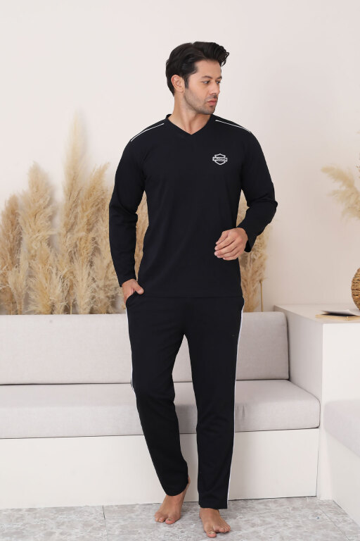 Erkek Pijama Takımı - Siyah Arma Nakışlı Biyeli Uzun Kollu Penye 1216UY - 4