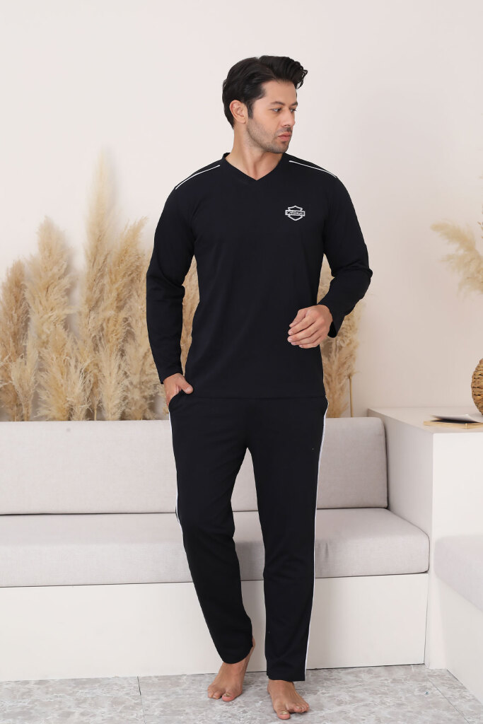 Erkek Pijama Takımı - Siyah Arma Nakışlı Biyeli Uzun Kollu Penye 1216UY - 4