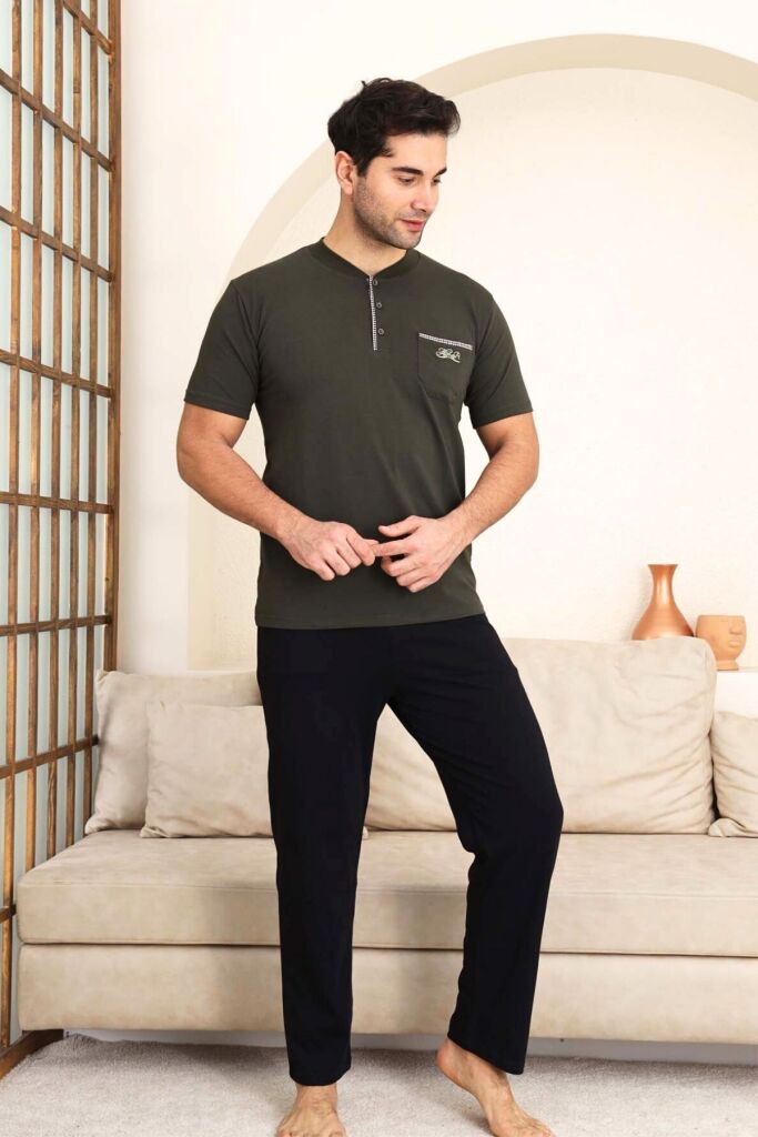 Erkek Pijama Takımı - Yeşil Arma Nakışlı Likralı Kısa Kollu Penye 1194KY - 1